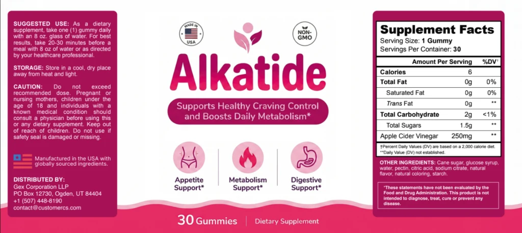 AlkaTide label with Supplement Facts: apple cider vinegar 250 mg per gummy, 30 gummies per bottle
